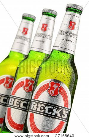 POZNAN POLAND - APRIL 23 2016: Beck's is the world's best selling German beer produced by Beck's Brewery in Bremen Germany and sold in nearly 90 countries.