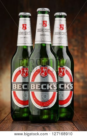 POZNAN POLAND - APRIL 23 2016: Beck's is the world's best selling German beer produced by Beck's Brewery in Bremen Germany and sold in nearly 90 countries.