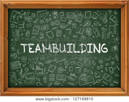Teambuilding Concept. Modern Line Style Illustration. Teambuilding Handwritten on Green Chalkboard with Doodle Icons Around. Doodle Design Style of Teambuilding Concept.