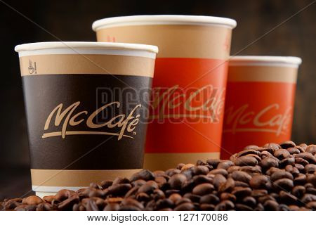 POZNAN, POLAND - APRIL 24, 2016: McCafe is a coffee-house-style food and drink chain, owned by McDonald's.