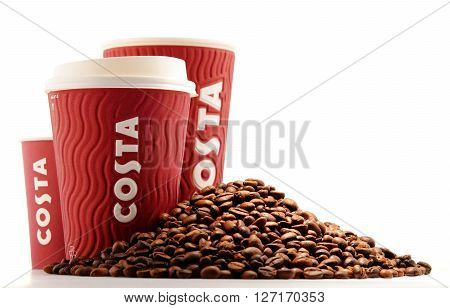 Composition With Cups Of Costa Coffee Coffee And Beans