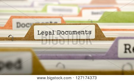 Legal Documents Concept. Colored Document Folders Sorted for Catalog. Closeup View. Selective Focus. 3D Render.