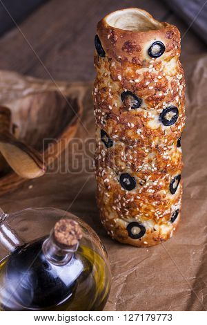 spicy hungarian a round loaf with olives and cheese