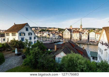 Famous Postcard View Of Various Houses And Churches In The Old Town Part Of Zurich