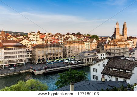 Famous Postcard View Of Various Houses And Churches In The Old Town Part Of Zurich