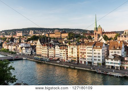 Famous Postcard View Of Various Houses And Churches In The Old Town Part Of Zurich