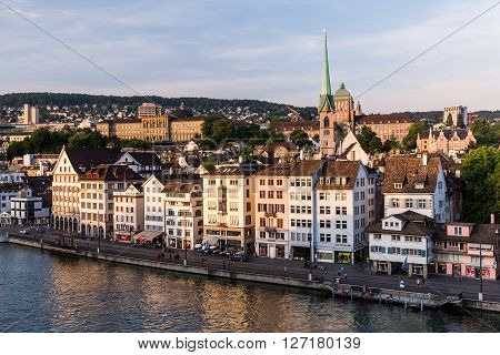 Famous Postcard View Of Various Houses And Churches In The Old Town Part Of Zurich