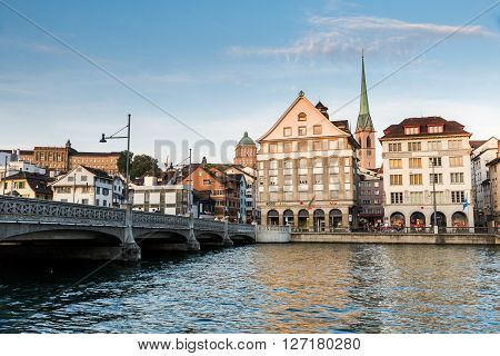 Famous Postcard View Of Various Houses And Churches In The Old Town Part Of Zurich
