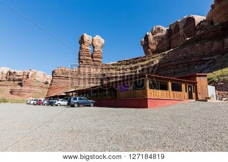 Bluff, Utah, Usa - August 27: Views Of The Stone Formation Called Twin Rocks And The Twin Rocks Cafe