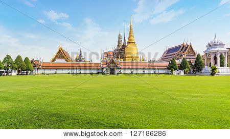 Green field and Grand palace (Wat Phrakaew Temple) Bangkok Thailand