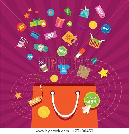 Shopping bag with accessories, discounts for buying clothes. Gifts in the sale. Vector illustration and background.
