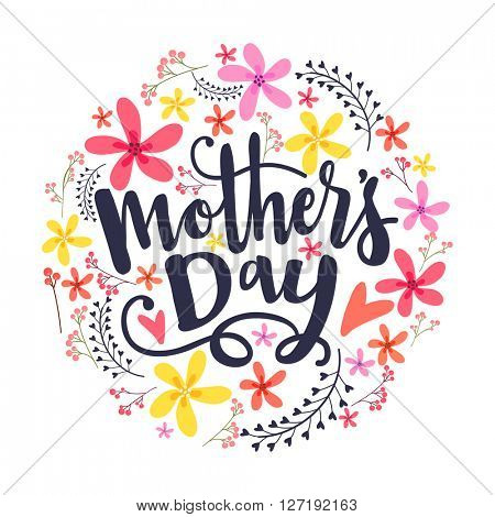Elegant greeting card design with stylish text Mother's Day on colorful flowers decorated background.