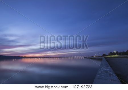 Sunset over Volga River and Presidental Bridge, located in Ulyanovsk. Blue hour photo
