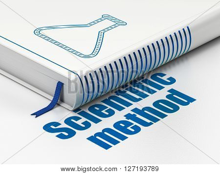 Science concept: closed book with Blue Flask icon and text Scientific Method on floor, white background, 3D rendering