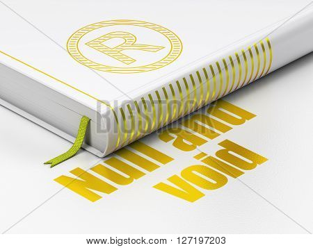 Law concept: closed book with Gold Registered icon and text Null And Void on floor, white background, 3D rendering