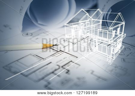 Concept Of Dream House Draw By Designer With Construction Drawing