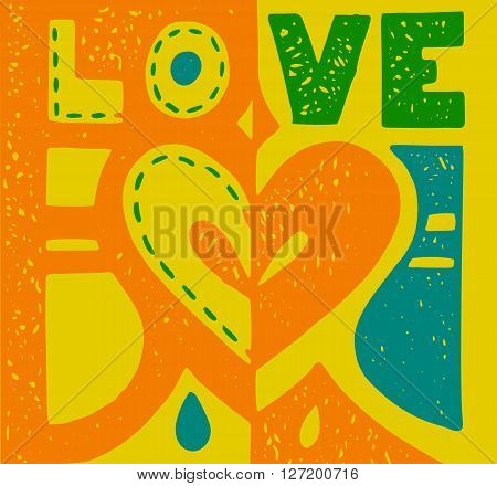 Love postcard with heart and letters hand drawing yellow orange