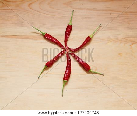 Six Pieces Of Red Hot Chili Peppers Over Wooden Background