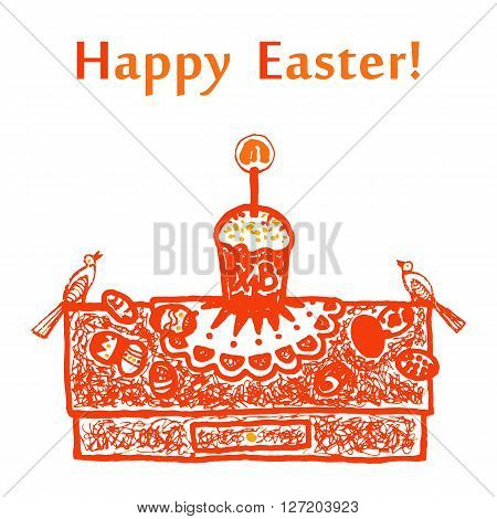 Easter card with Easter cake eggs and birds