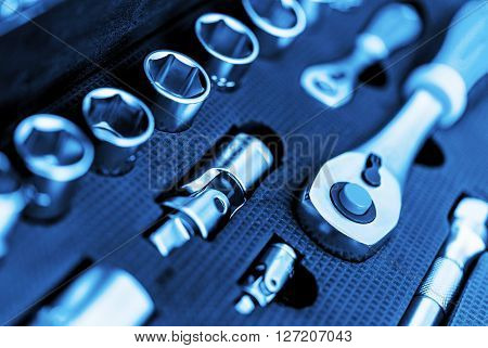 Garage Tools Set Closeup Photo. Brand New Heavy Duty Tools.