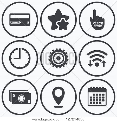 Clock, wifi and stars icons. ATM cash machine withdrawal icons. Insert bank card, click here and check PIN, processing and get cash symbols. Calendar symbol.