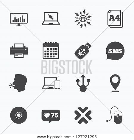 Calendar, go to web and like counter. Computer devices icons. Printer, laptop signs. Smartphone, monitor and usb symbols. Sms speech bubble, talk symbols.