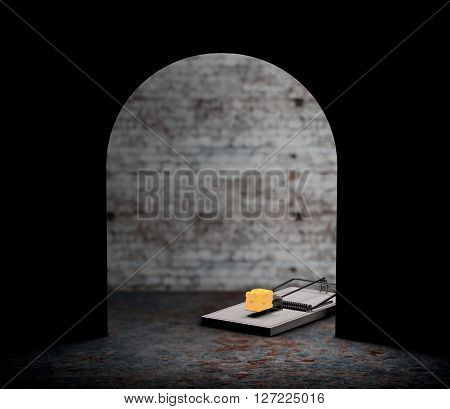 Mouse trap with a piece of cheese looking from hole extreme closeup. 3d Rendering