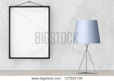 Modern Fashion Table Lamp in front of Brick Wall with Blank Frame extreme closeup. 3d Rendering