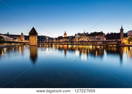 Lucerne, Switzerland - August 2: Views Of The Famous Bridge Kapellbruecke At Sunset In Lucerne On Au