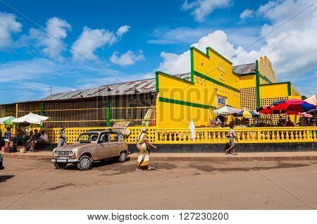 Hell Ville Madagascar - December 19 2015: Malagasy people near the Hell Ville market in Hell Ville a town at the Nosy Be island North of Madagascar.