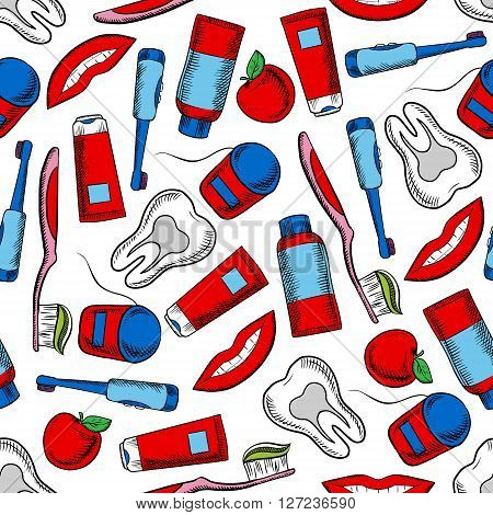 Oral hygiene and dental care colorful background with sketchy seamless pattern of healthy teeth, toothbrushes, floss boxes, toothpaste, pretty smile and red apples fruits. May be used as dentistry, health care theme or textile print design
