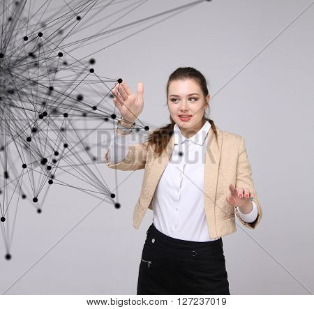 Global network connection concept, woman working with futuristic computer interface.