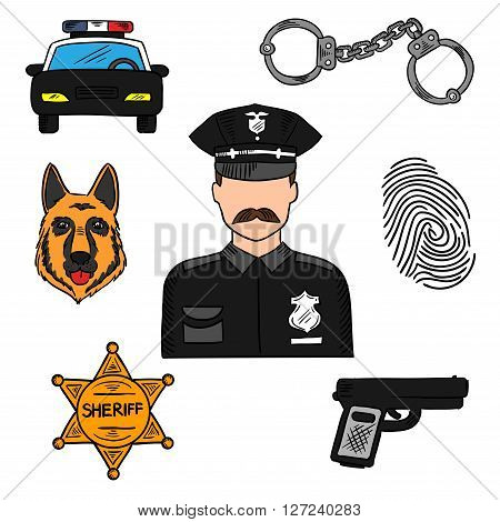 Policeman sketch icon for law, security and police professions design with patrol car, handcuffs, sheriff star, handgun, police dog, fingerprint and officer in black uniform in the center