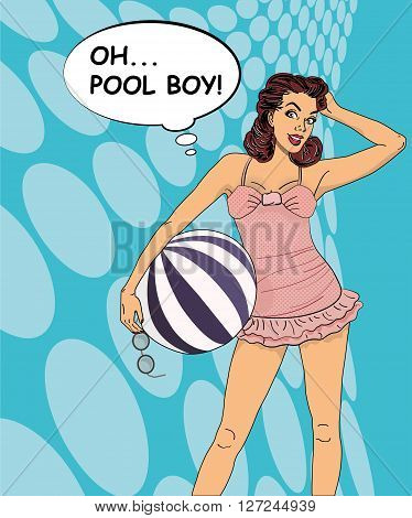 Popart girl with beach ball and swimsuit on blue background mockup