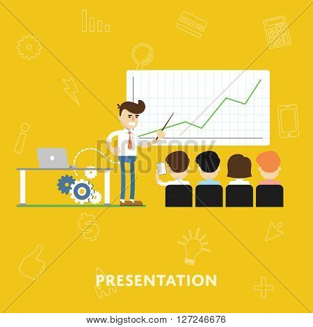 Presentation business project to investor. Business presentation concept. Teamwork business concept vector illustration. Presentation to partnership. Business people work. People meeting start up concept. Business Discussion. Teamwork presentation concept