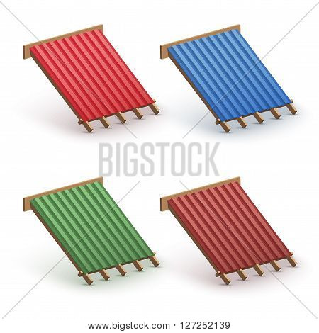 Set of Icons demonstration red metal roofing cover on the roof.   3D Illustration isolated on white background.