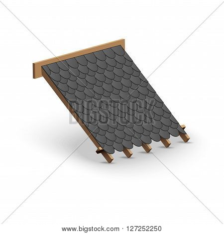 3D Icon demonstration black shingles roofing cover on the roof.   Illustration isolated on white background.