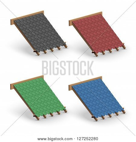 3D Set of Icons demonstration bitumen shingles roofing cover on the roof.   Illustration isolated on white background.