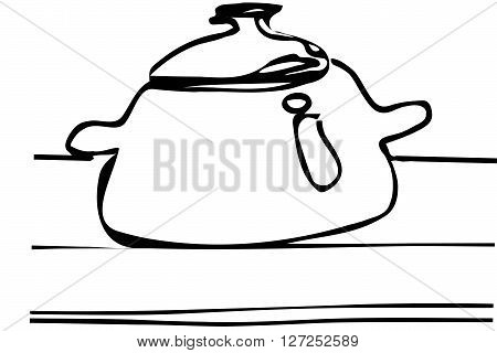 Vector Sketch Of A Large Saucepan With A Lid On The Table