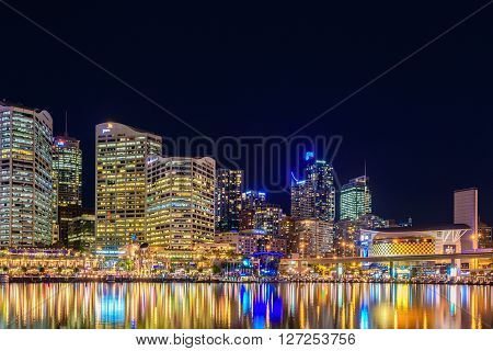 Sydney Australia - November 10 2015: Darling Harbour skyline view at night time. Long exposure camera settings applied.