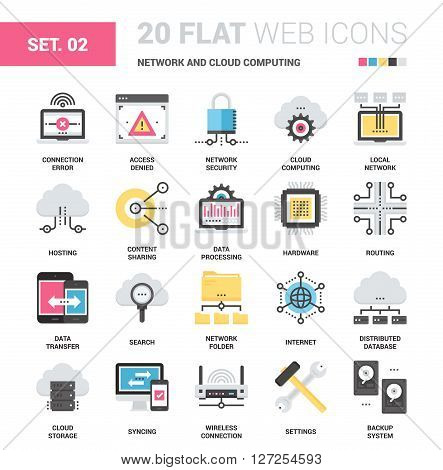 Vector set of network and cloud computing flat web icons. Each icon neatly designed on pixel perfect 64X64 size grid. Fully editable and easy to use.