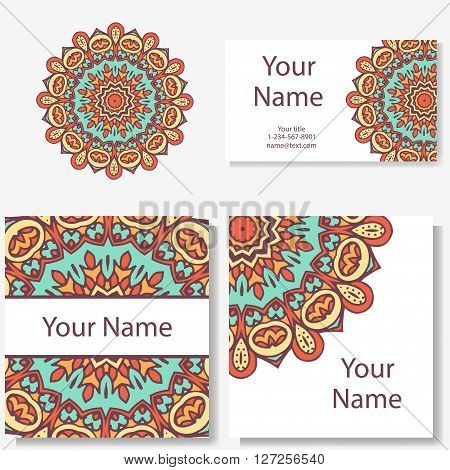 Set of business cards. Vintage pattern in retro style with mandala. Hand drawn Islam Arabic Indian lace pattern