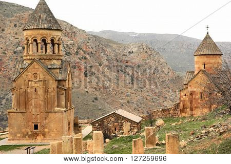 Ancient monastery Noravank in the mountains in Amaghu valley, Armenia. Was founded in 1205. 