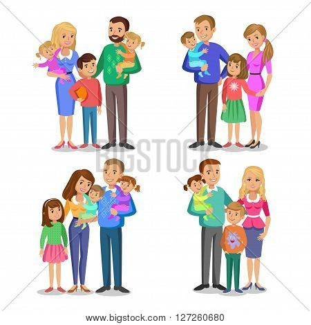 Set of typical family in love. Happy family portrait smiling parents and kids. Concept happy family family love. Vector illustration isolated on white