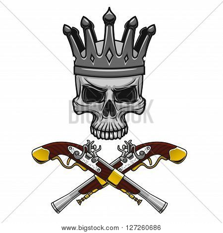 Cartoon crowned pirate skull with crossed vintage pistols instead crossbones. Great for Jolly Roger symbol or king of pirates mascot design usage