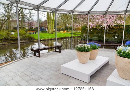 Lisse, Netherlands - April 4, 2016: Pavillion interior view of dutch spring garden Keukenhof, Lisse, Netherlands