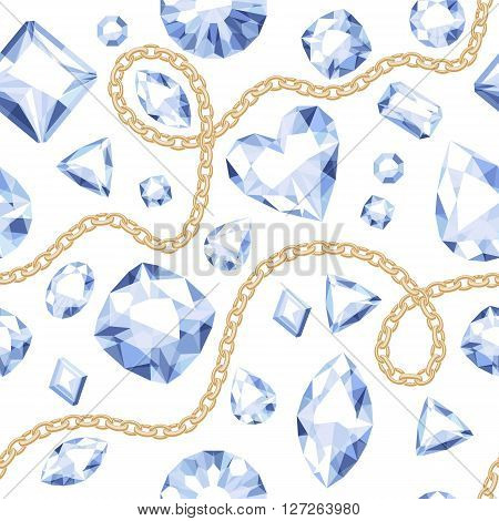 Golden chains and white gemstones seamless pattern on white background. Assorted diamonds vector illustration. Good for cover card banner poster luxury design.