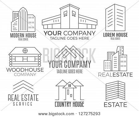 Set of vector house logo designs, real estate icon suitable for info graphics, websites and print media. Vector, flat icon, badges, labels, clip art. Lineart style. Thin line design.