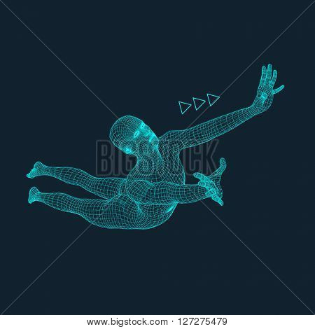 Jump Man. Polygonal Design. 3D Model of Man. Human Body Wire Model.  