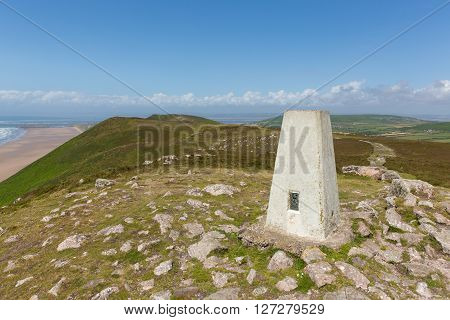 Trig point on the top of Rhossili Down The Gower peninsula South Wales UK
